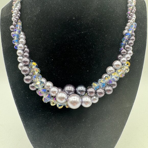 Roman Multi-Strand Purple Faux Pearl & Crystal Bead Necklace - Picture 2 of 7